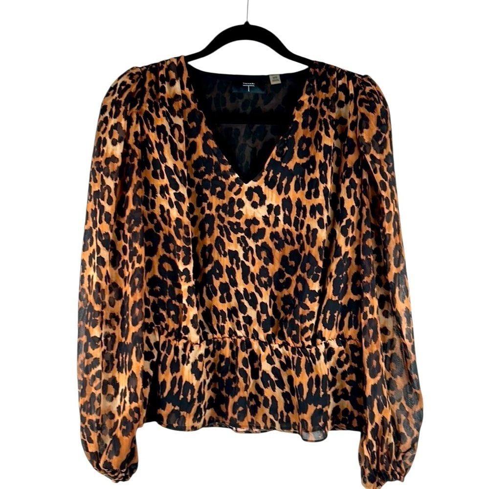 Tahari Brown & Black Leopard V-Neck Puffy Sleeve Elastic‎ Waist Top Size Medium